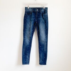 Express Pearl Embellished Blue Denim Mid Rise Ankle Legging 4